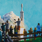 Falcon Heavy Rises - peinture à l'huile / oil painting - 100 x 100 cm - © All rights reserved by Laurent Dubois